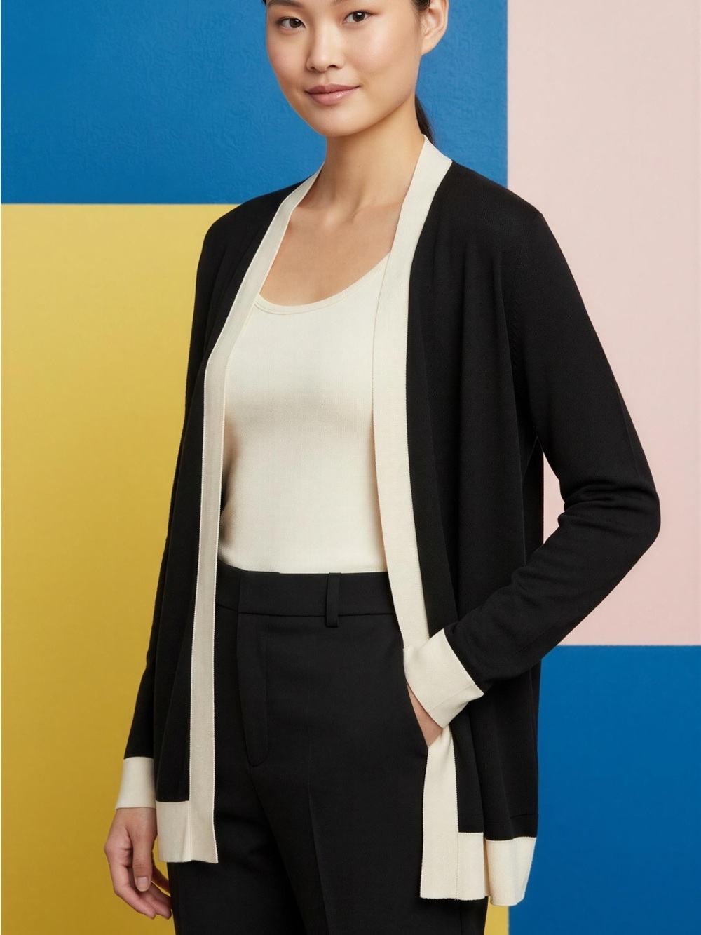 Ann Taylor Black and Cream Open-Front Cardigan